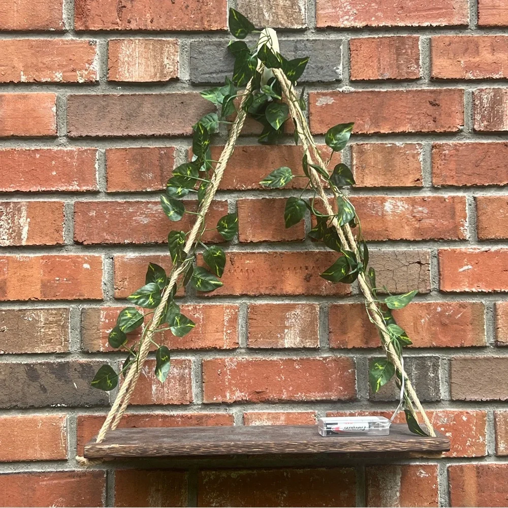 Floating Boho Triangle Wooden Wall Shelves with Green Leaves and Lights